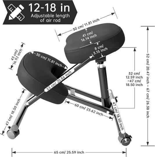 PU Leather Ergonomic Kneeling Chair, Adjustable Home and Office Stool with Thick Pads and Flexible Lockable Brake Wheels for Back Pain Relief(Black)