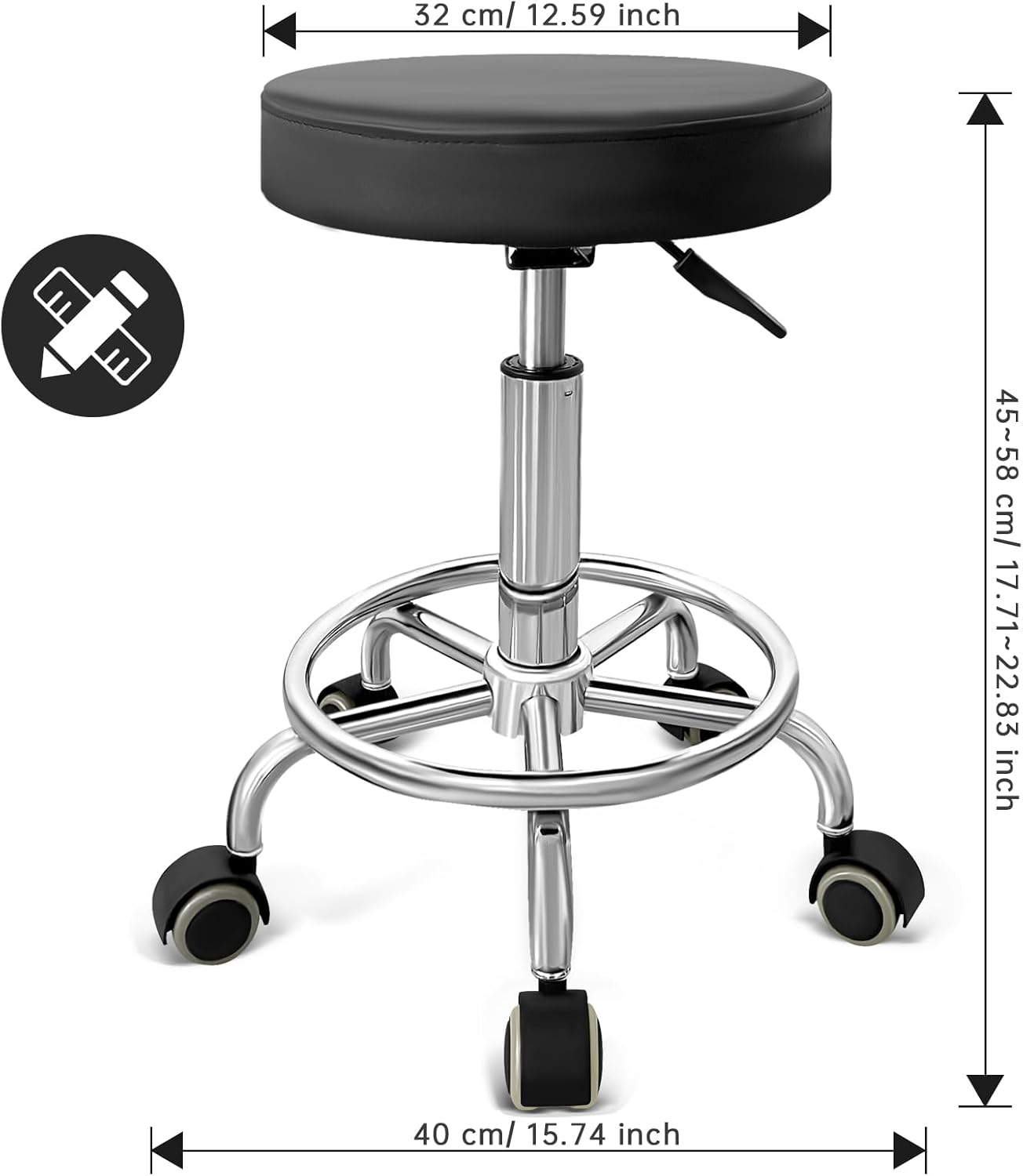 PU Leather Rolling Stool Chair with Wheels Adjustable Stool with Cushion Underneath Injection Moulded from ABS. Hospital, Tattoo, Massage, Office, Spa, Salon Stools(Black)