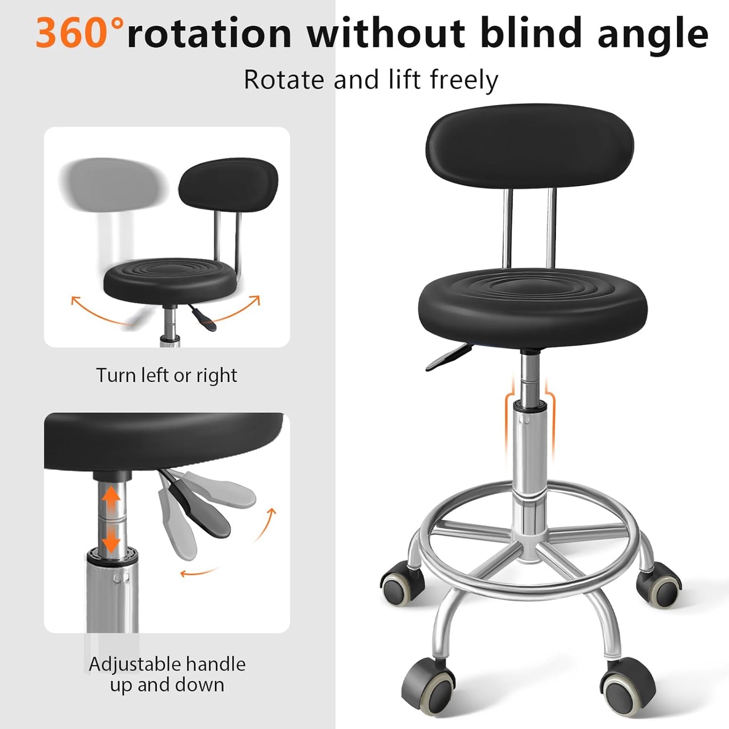 Chair with Wheels PU Leather, with Backrest, Height Adjustable, 360° Swivelling Armless Barstool with Footrest, Ideal for Pubs, Restaurants, Offices, Homes, Tattoos, Massages (Black)