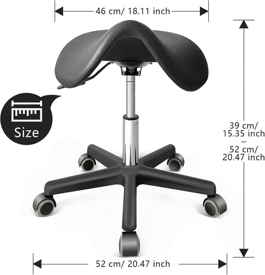 Saddle Stool with Wheels - Anti-Static Ergonomic Adjustable Rolling Stool for Salon, Spa, Office & Home - 360° Swivel Hydraulic Chair with Footrest, 330LB Capacity, Black