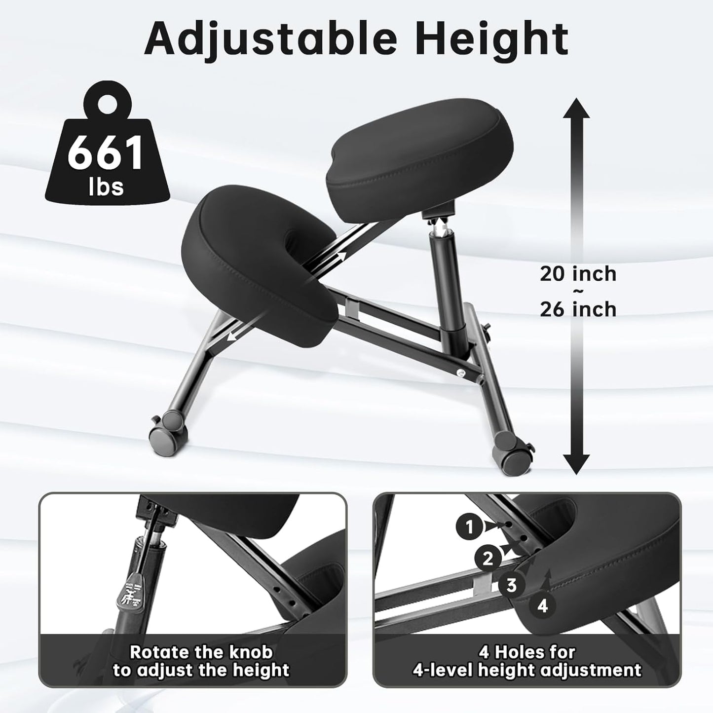 PU Leather Ergonomic Kneeling Chair, Adjustable Home and Office Stool with Thick Pads and Flexible Lockable Brake Wheels for Back Pain Relief(Black)