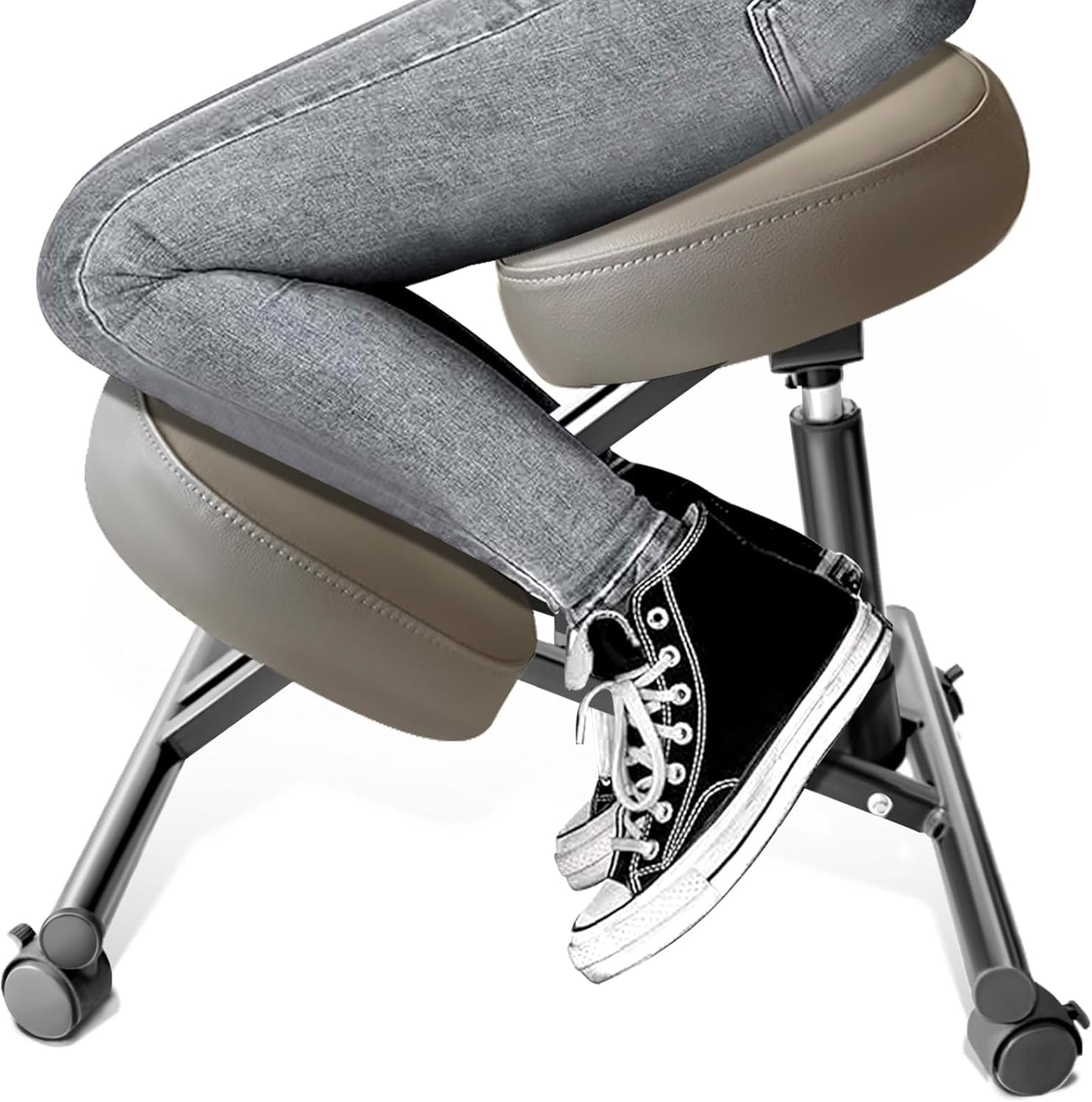 PU Leather Ergonomic Kneeling Chair, Adjustable Home and Office Stool with Thick Pads and Flexible Lockable Brake Wheels for Back Pain Relief(Black)