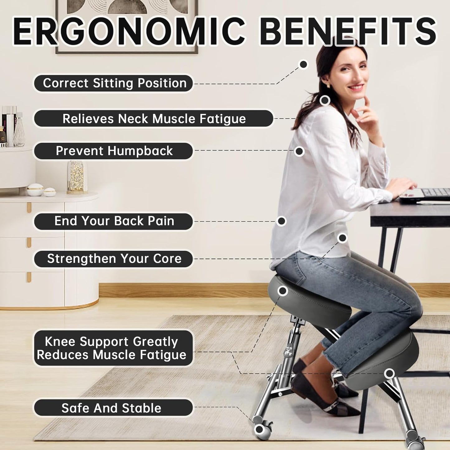 PU Leather Ergonomic Kneeling Chair, Adjustable Home and Office Stool with Thick Pads and Flexible Lockable Brake Wheels for Back Pain Relief(Black)