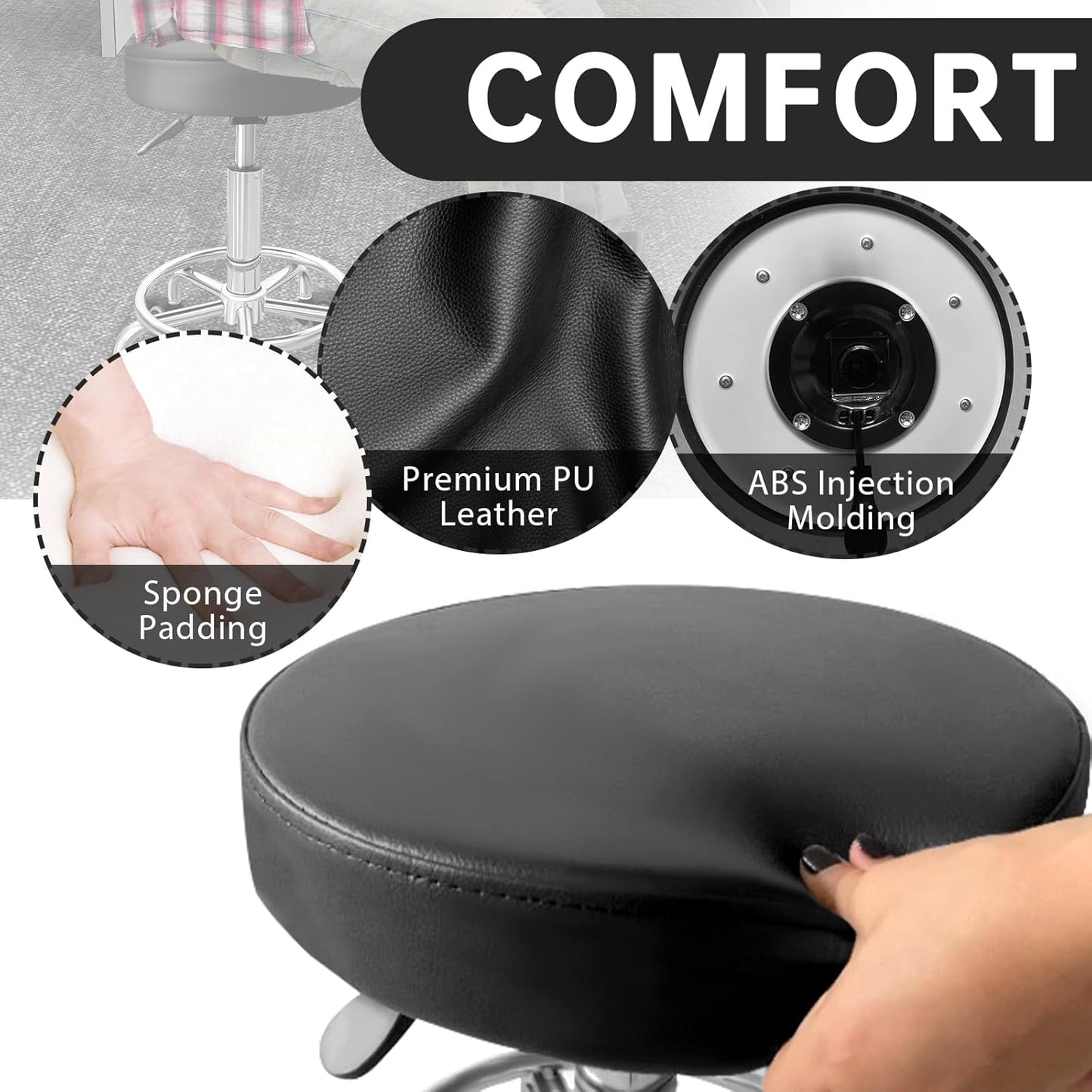 PU Leather Rolling Stool Chair with Wheels Adjustable Stool with Cushion Underneath Injection Moulded from ABS. Hospital, Tattoo, Massage, Office, Spa, Salon Stools(Black)