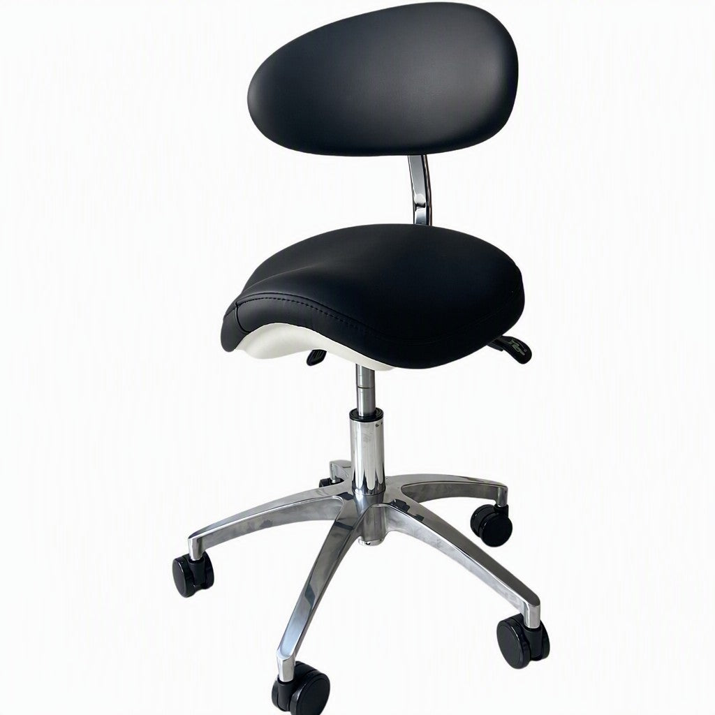 Physician chair with arched backrest and saddle seat