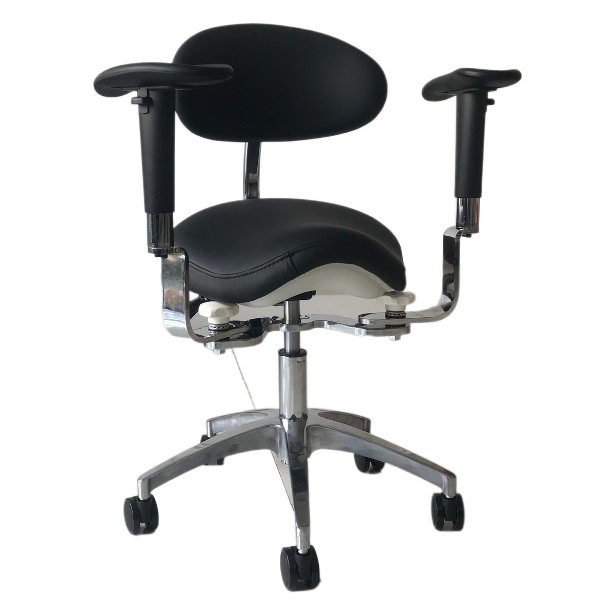 DTL-ZY-38 saddle seat dual-armrest surgeon's stool in black upholstery, front view showing the backrest, saddle seat, both armrests and the chrome five-castor base