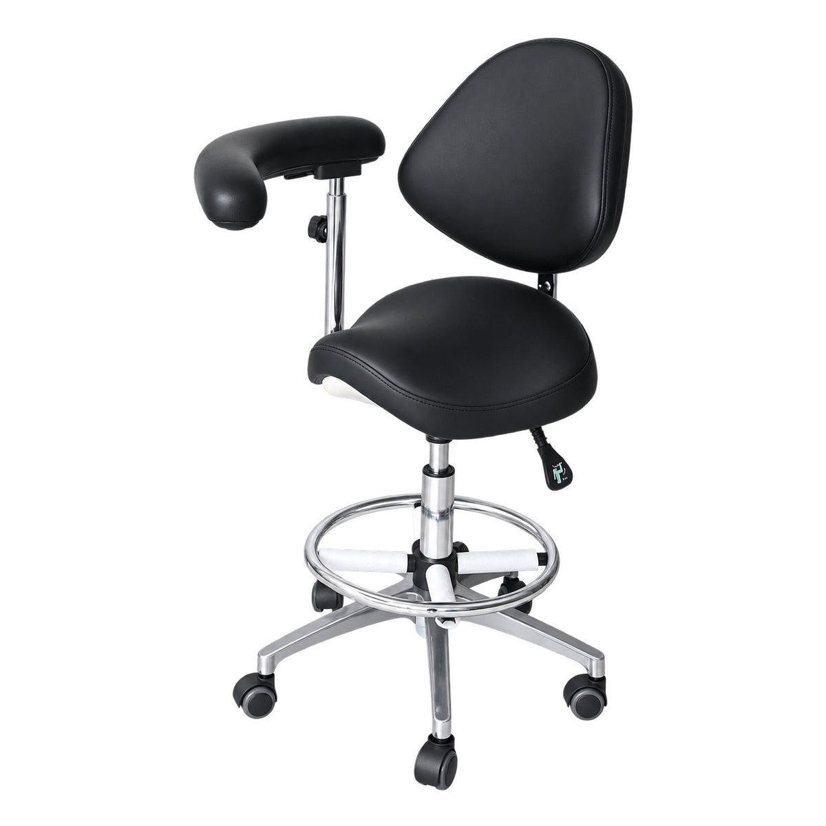 DTL-ZY-18 shell backrest saddle seat surgeon's stool in black upholstery, three-quarter view showing the backrest, saddle seat, flip-up armrest and chrome castor base