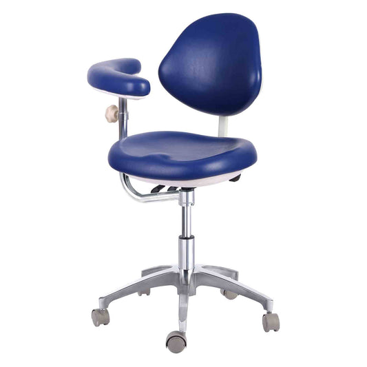 Dental assistant chair in blue PU leather with a swivel armrest and backrest, on a white background