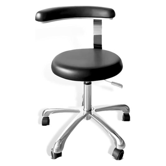 Medical stool on wheels with a 360 degree swivel armrest and height adjustment, black PU leather