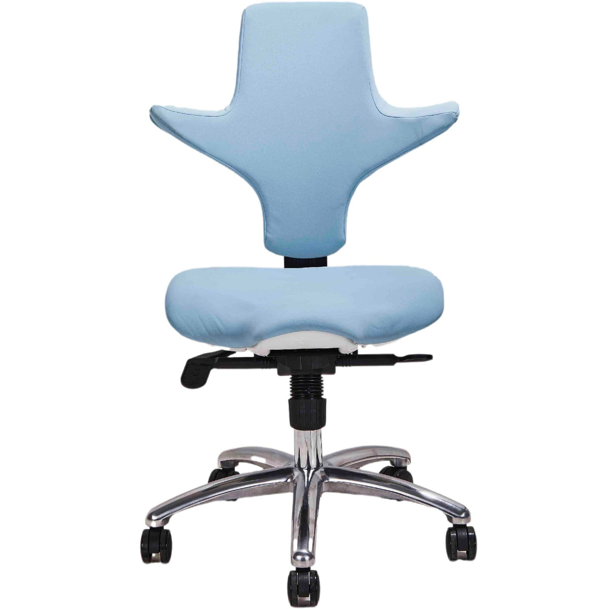 DTL-ZY-24 sliding-seat ultrasound surgeon's stool, front view, light blue upholstery on a chrome five-castor base