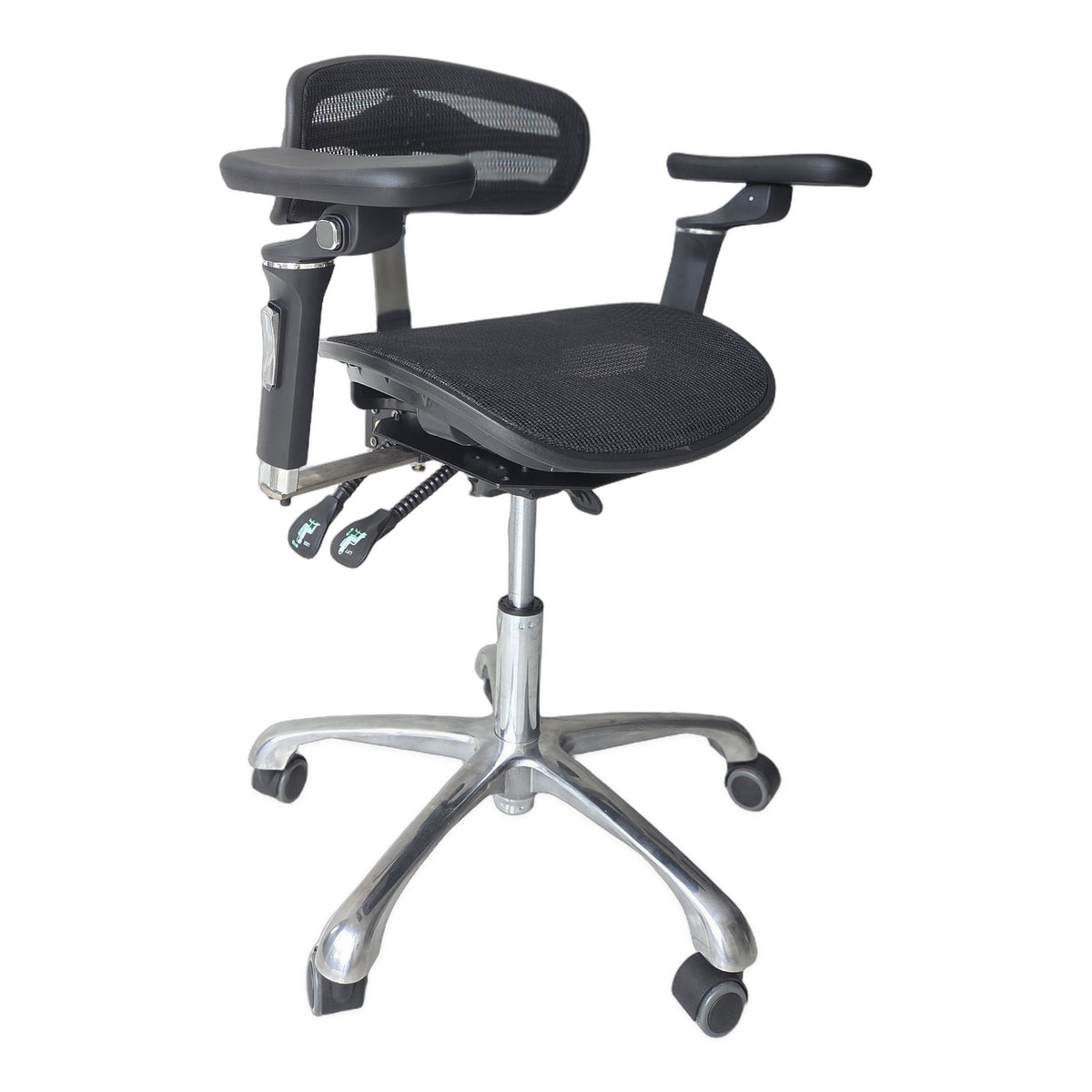 DTL-ZY-39 mesh ventilated dual-armrest surgeon's stool in black, three-quarter view showing the mesh backrest, mesh seat, both armrests and the chrome five-castor base