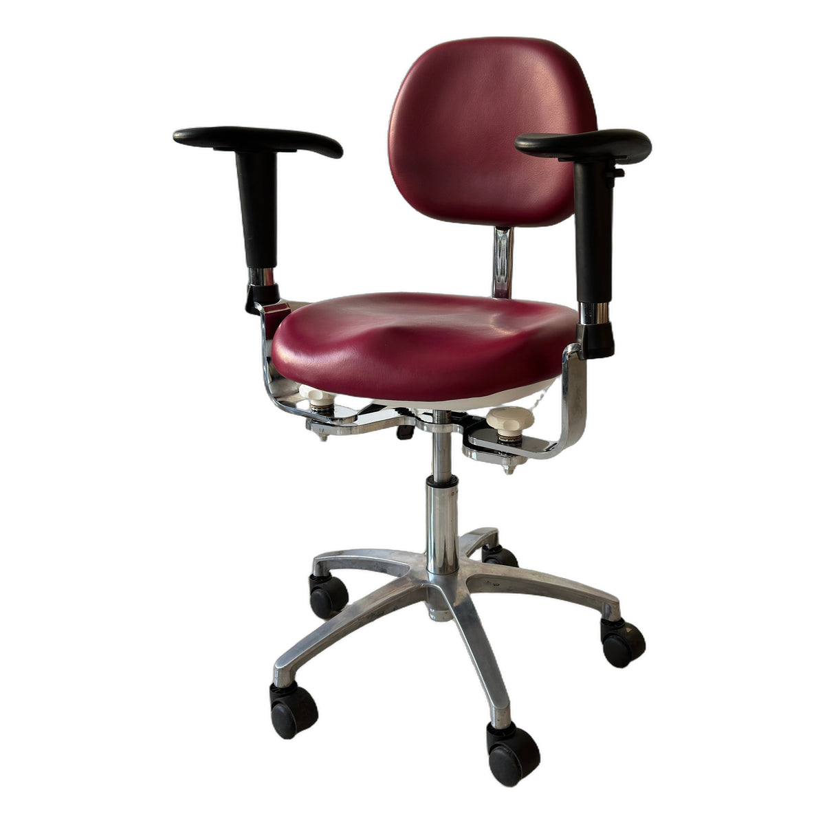 DTL-ZY-47 arched backrest dual-armrest surgeon's stool in burgundy upholstery, three-quarter view showing the backrest, seat, both armrests and the chrome five-castor base