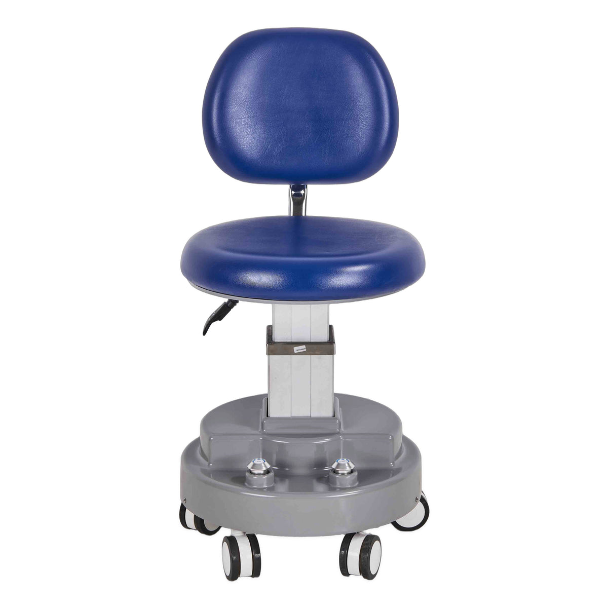DTL-ZY-14 electric surgeon's stool in blue upholstery, front view showing the backrest, seat and grey pedestal base