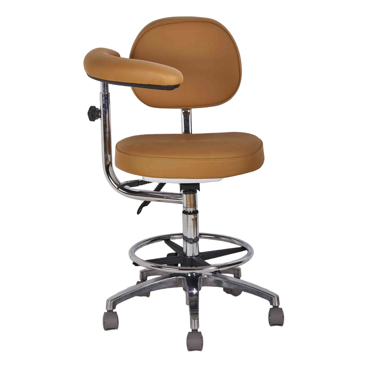 DTL-ZY-10-2 single-armrest surgeon's stool in tan upholstery, three-quarter view showing the backrest, seat, armrest and chrome base with foot ring