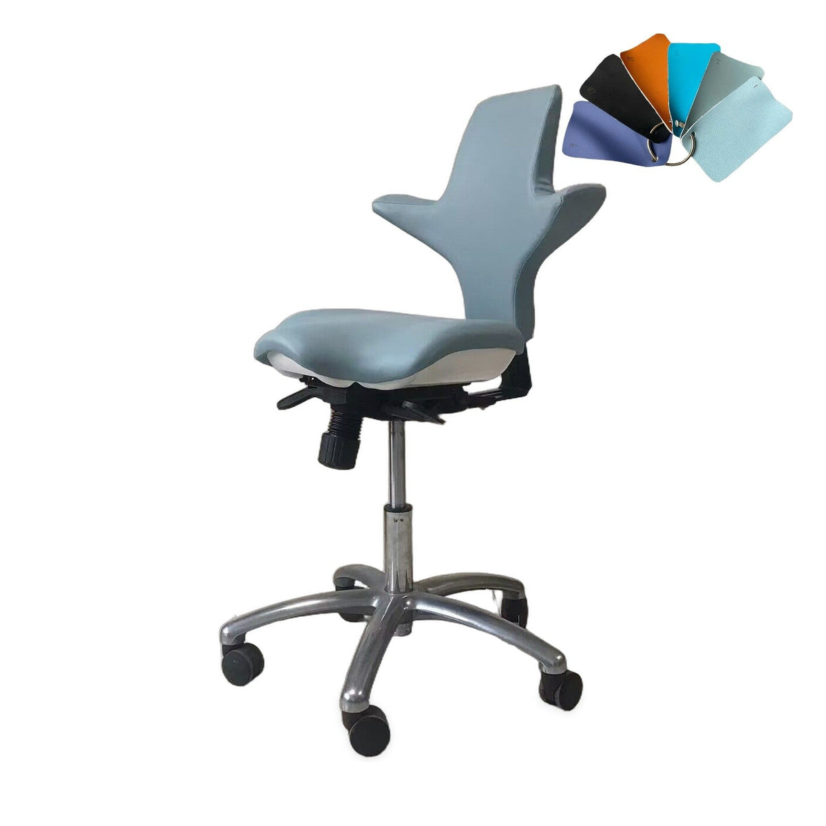 DTL-ZY-24 stool in grey-blue upholstery, 45-degree view, shown with the available upholstery colour swatches