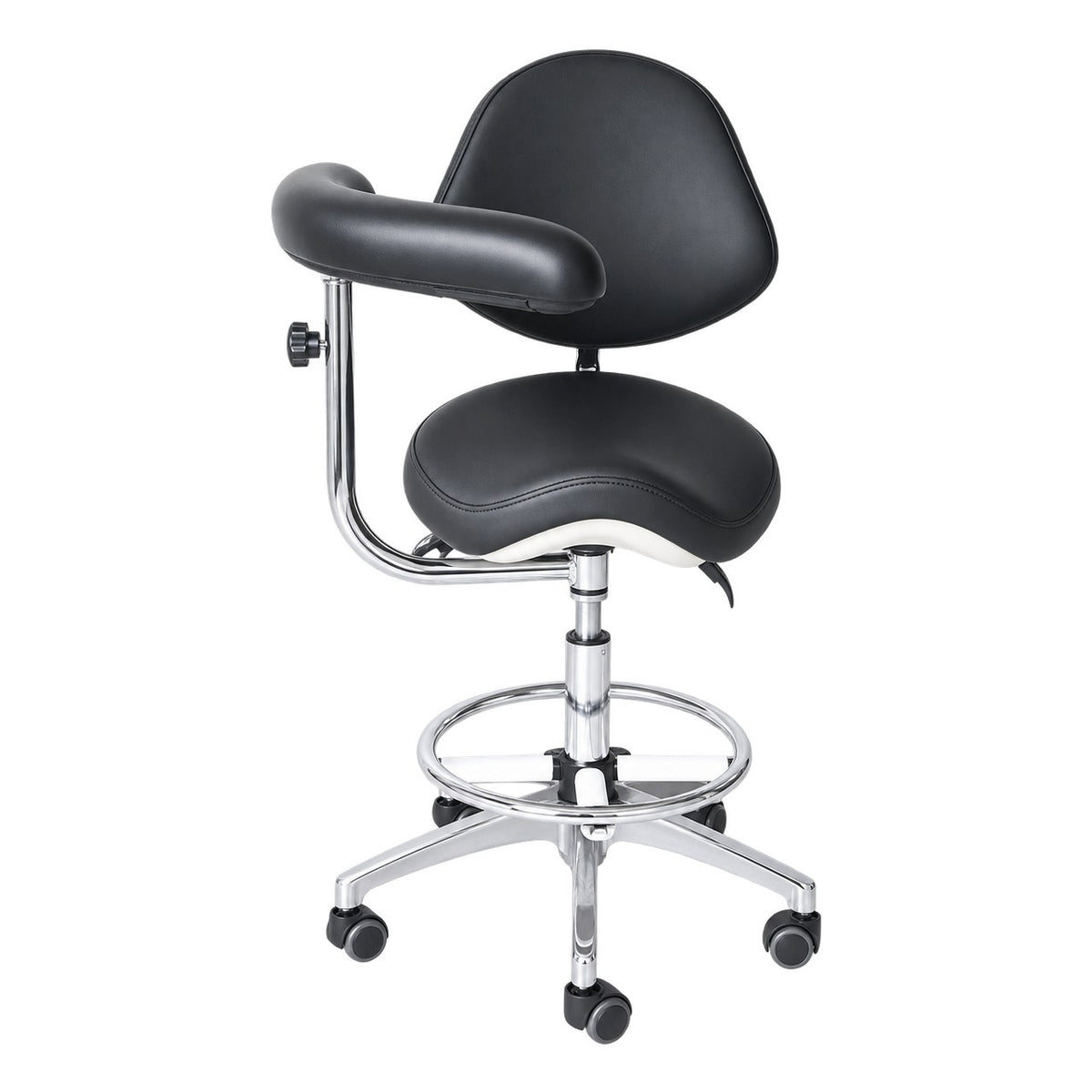 DTL-ZY-18 surgeon's stool in black upholstery, view from behind the backrest showing the seat, flip-up armrest and chrome pedestal with foot ring