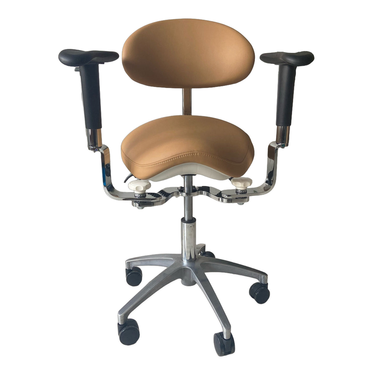 DTL-ZY-38 surgeon's stool in tan upholstery, front view showing the backrest, saddle seat, both armrests and the chrome five-castor base
