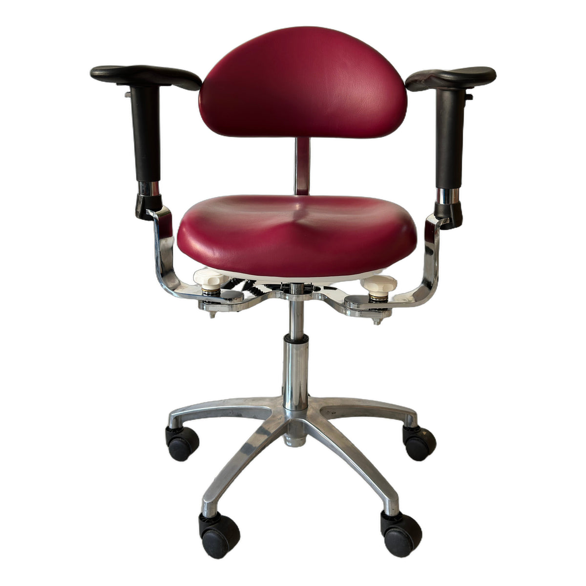 DTL-ZY-47 arched backrest dual-armrest surgeon's stool in burgundy upholstery, straight-on front view showing both armrests and the chrome castor base