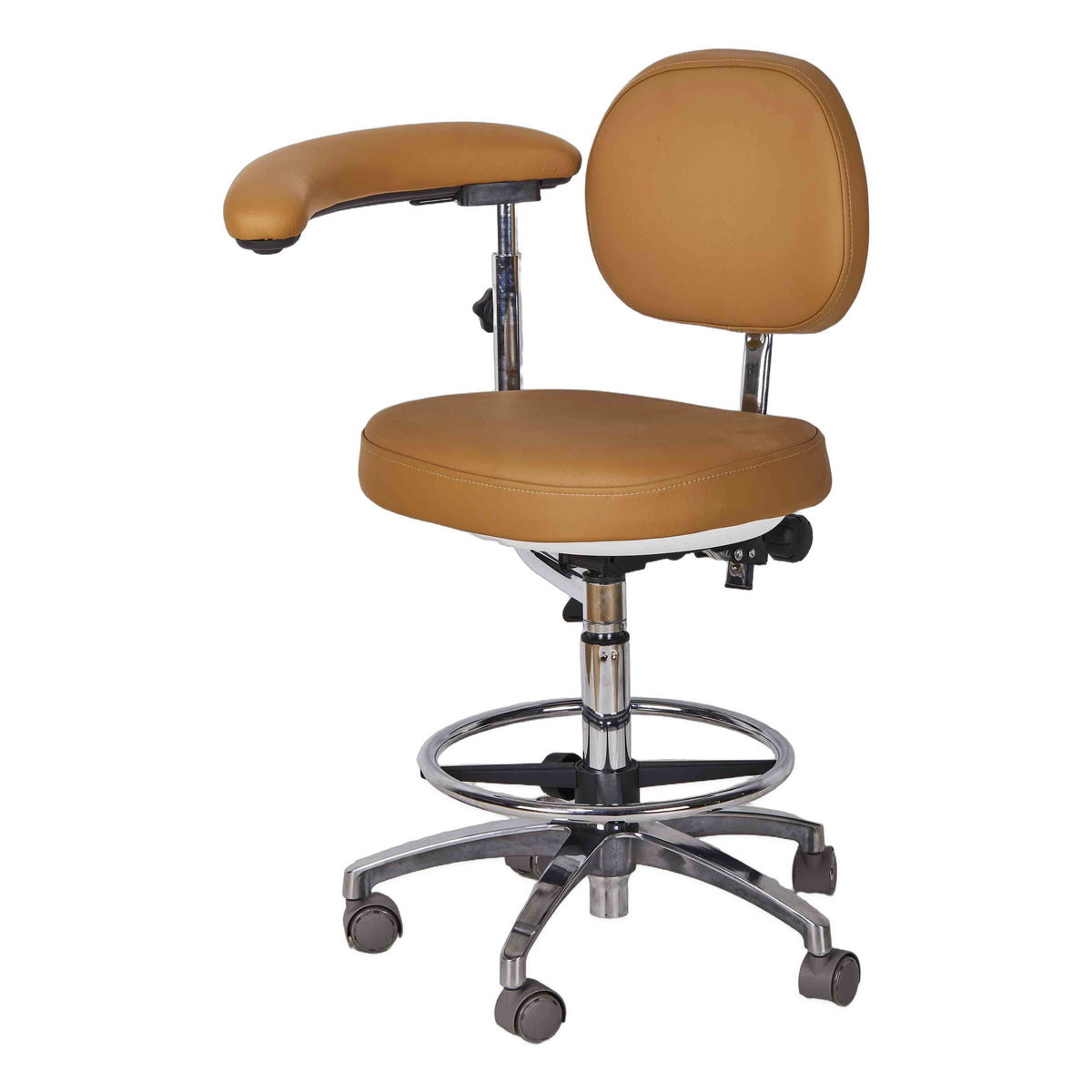 DTL-ZY-10-2 single-armrest surgeon's stool in tan upholstery, view from the opposite side showing the seat, the single armrest and the chrome pedestal