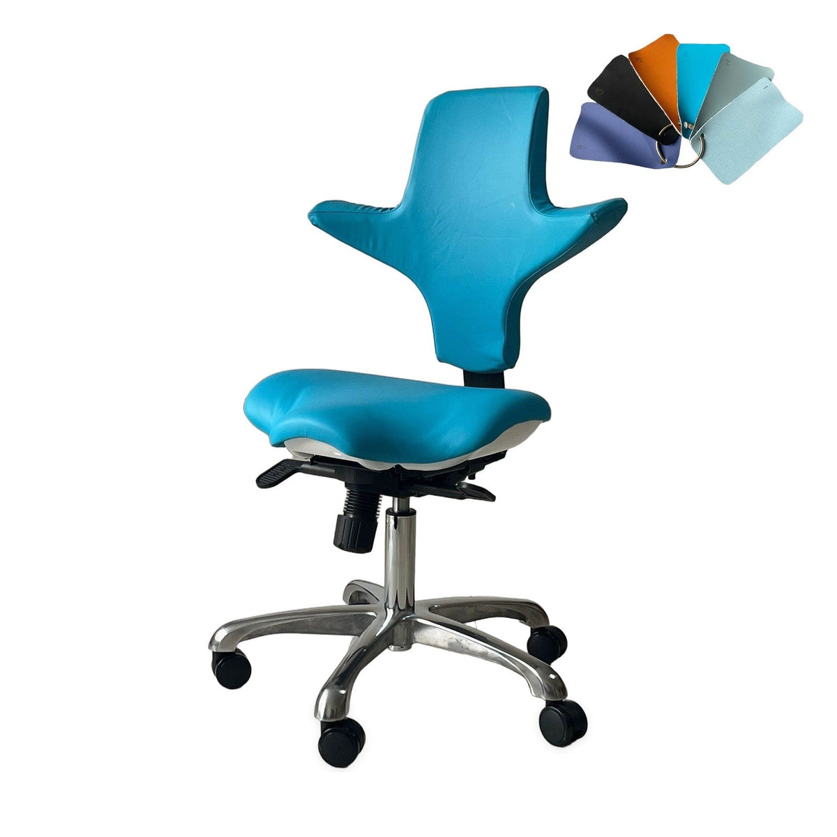 DTL-ZY-24 stool in cyan upholstery, 45-degree view, shown with the available upholstery colour swatches