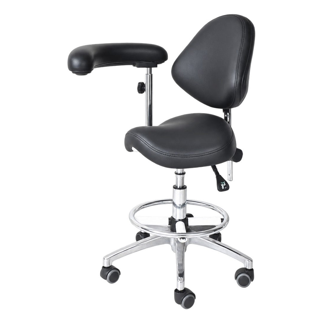 DTL-ZY-18 surgeon's stool in black upholstery, side view showing the saddle seat, flip-up armrest and height-adjustment lever