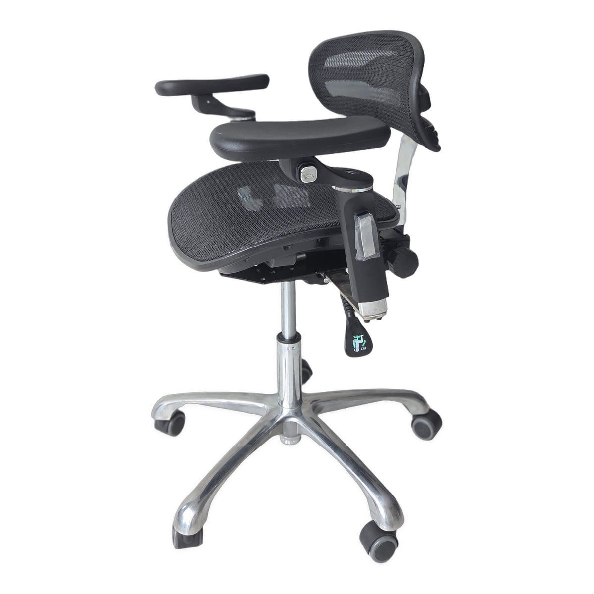 DTL-ZY-39 surgeon's stool in black, three-quarter view from the side showing the mesh seat, the mesh backrest and the extended armrest above the chrome base