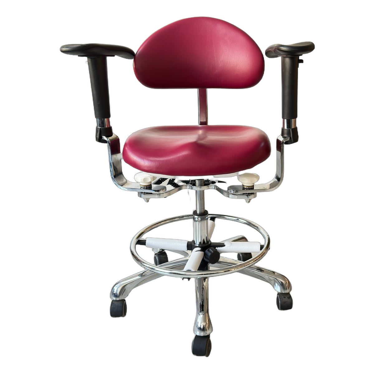 DTL-ZY-47 arched backrest dual-armrest surgeon's stool in burgundy upholstery, front view showing the chrome foot ring and castor base