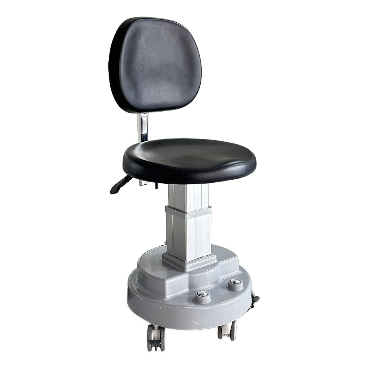 DTL-ZY-14 electric surgeon's stool in black upholstery, three-quarter view showing the backrest, seat and height-adjustment pedal