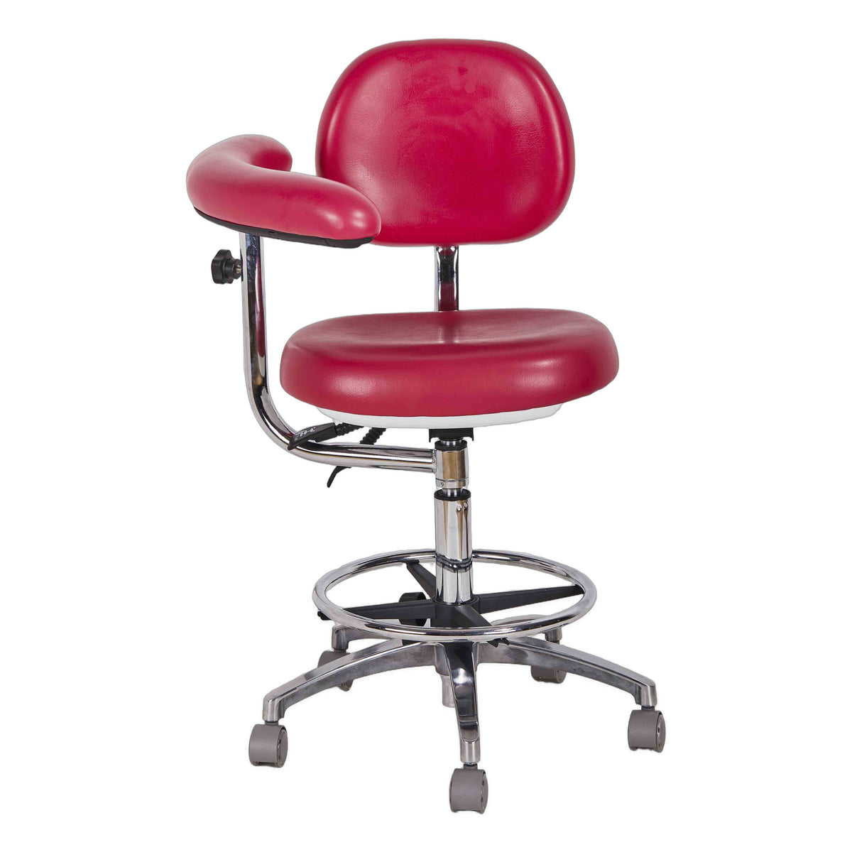 DTL-ZY-10-2 single-armrest surgeon's stool in red upholstery, three-quarter view showing the backrest, seat, armrest and chrome base with foot ring