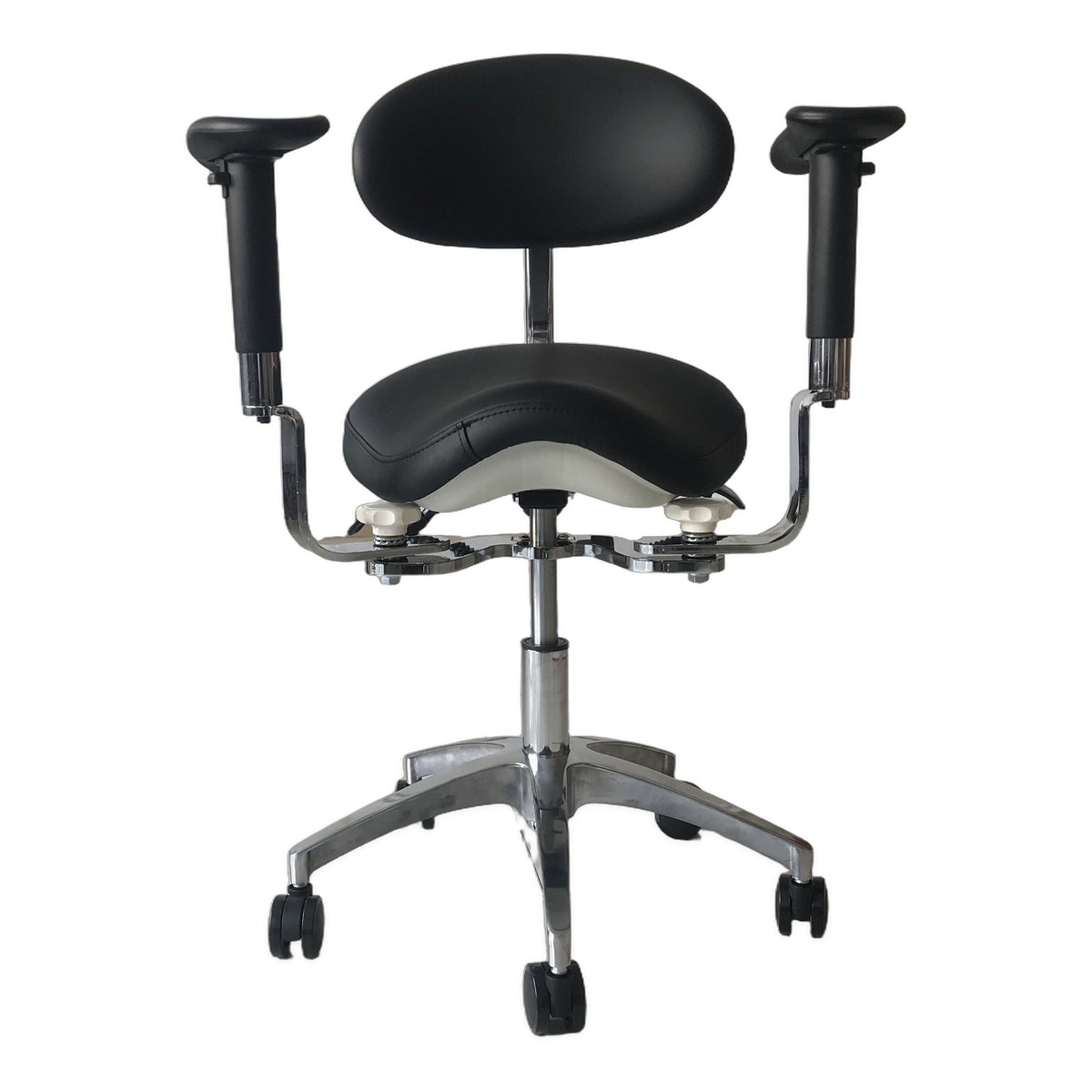 DTL-ZY-38 surgeon's stool in black upholstery, front view showing both raised armrests, the saddle seat and the ivory under-seat shell above the chrome castor base
