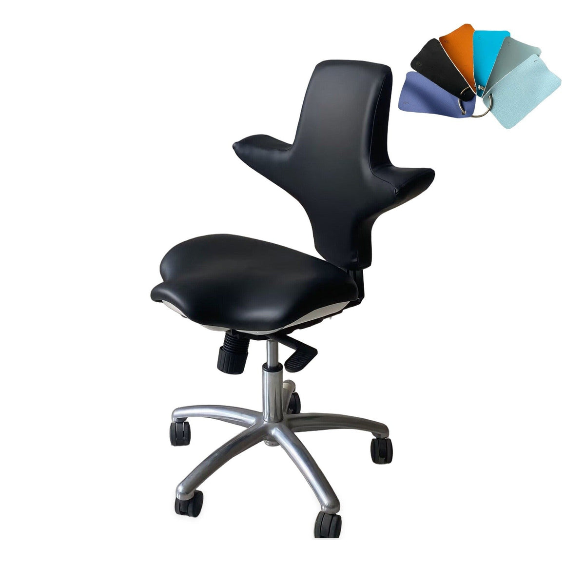 DTL-ZY-24 stool in black upholstery, 45-degree view, shown with the available upholstery colour swatches