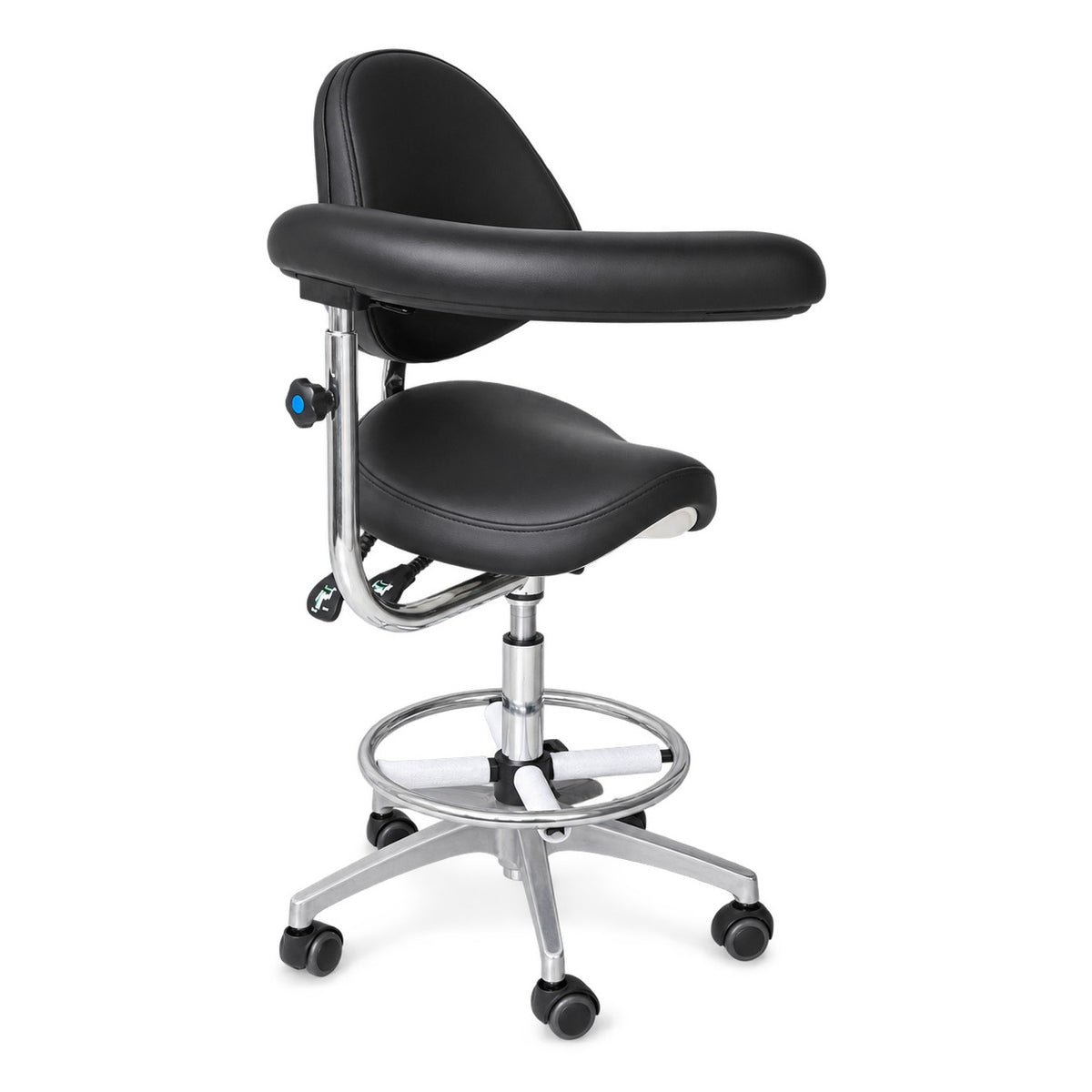 DTL-ZY-18 surgeon's stool in black upholstery, three-quarter view showing the extended flip-up armrest and chrome five-castor base with foot ring