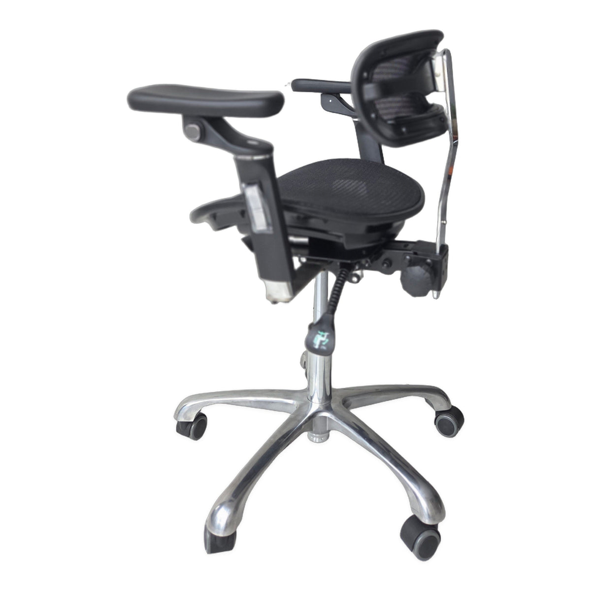 DTL-ZY-39 surgeon's stool in black, rear three-quarter view showing the back of the mesh backrest, the seat and the height-adjustment levers