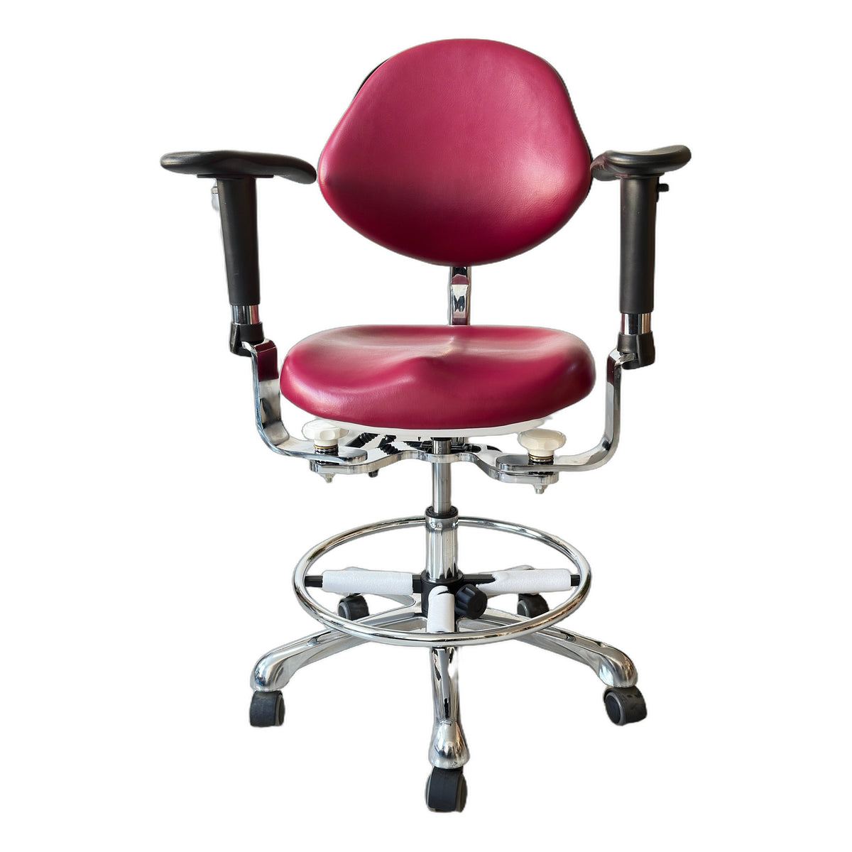 DTL-ZY-47 arched backrest dual-armrest surgeon's stool in burgundy upholstery, front view showing the seat, both armrests and the chrome foot ring