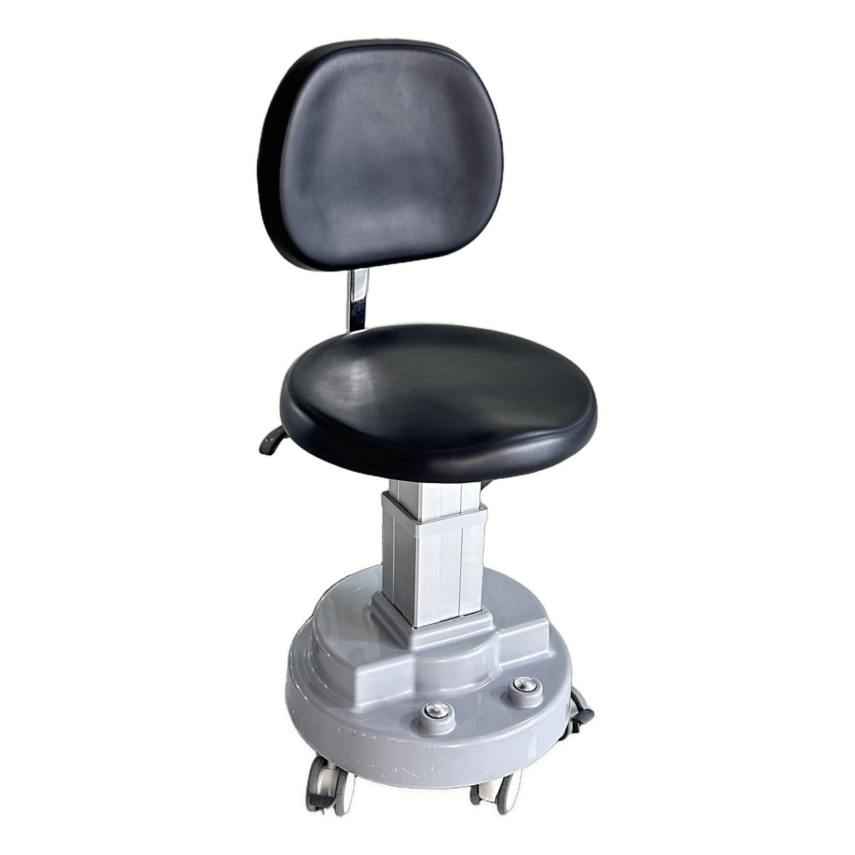 DTL-ZY-14 electric surgeon's stool in black upholstery, side three-quarter view showing the seat and pedestal base
