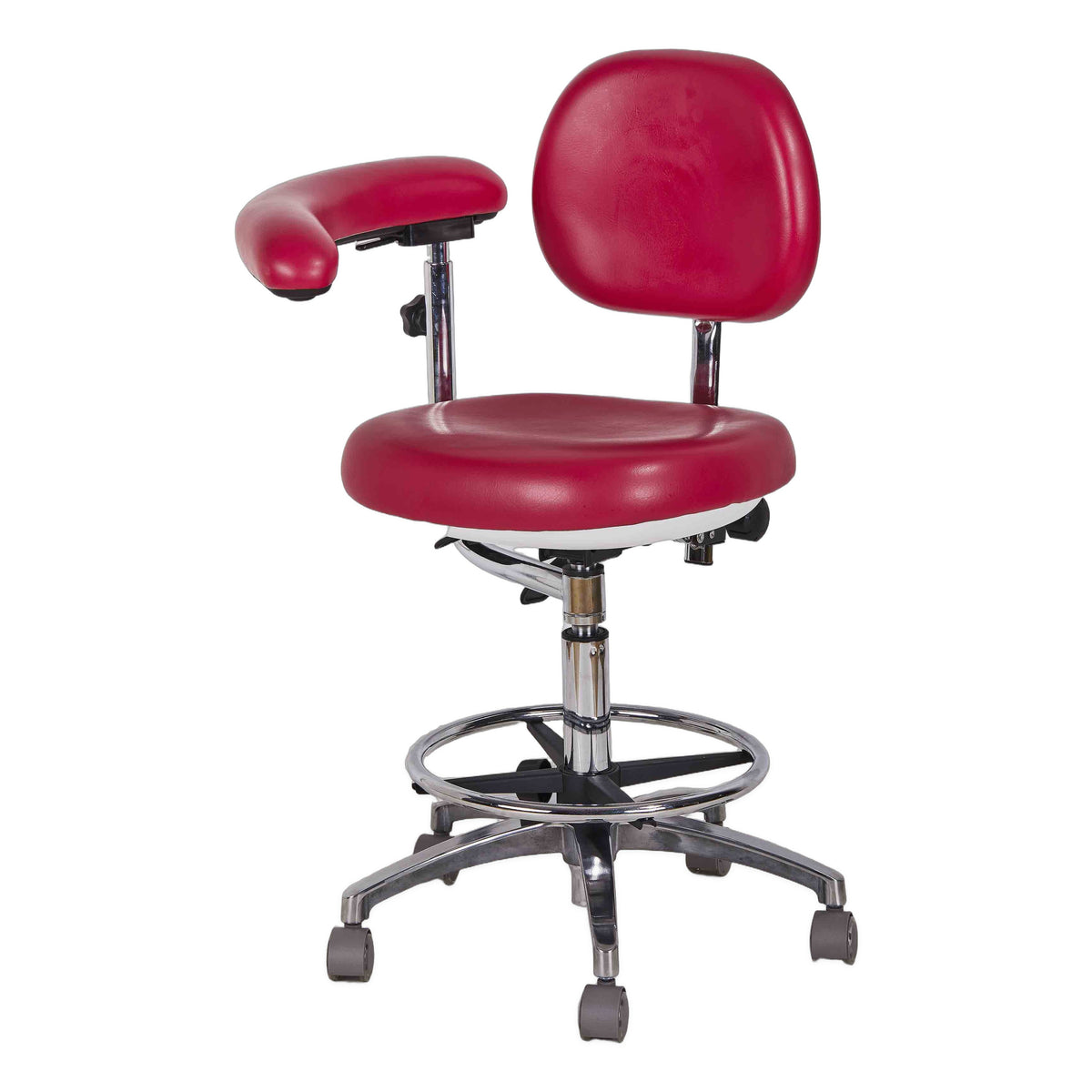 DTL-ZY-10-2 single-armrest surgeon's stool in red upholstery, view from the opposite side showing the seat, the single armrest and the chrome castor base