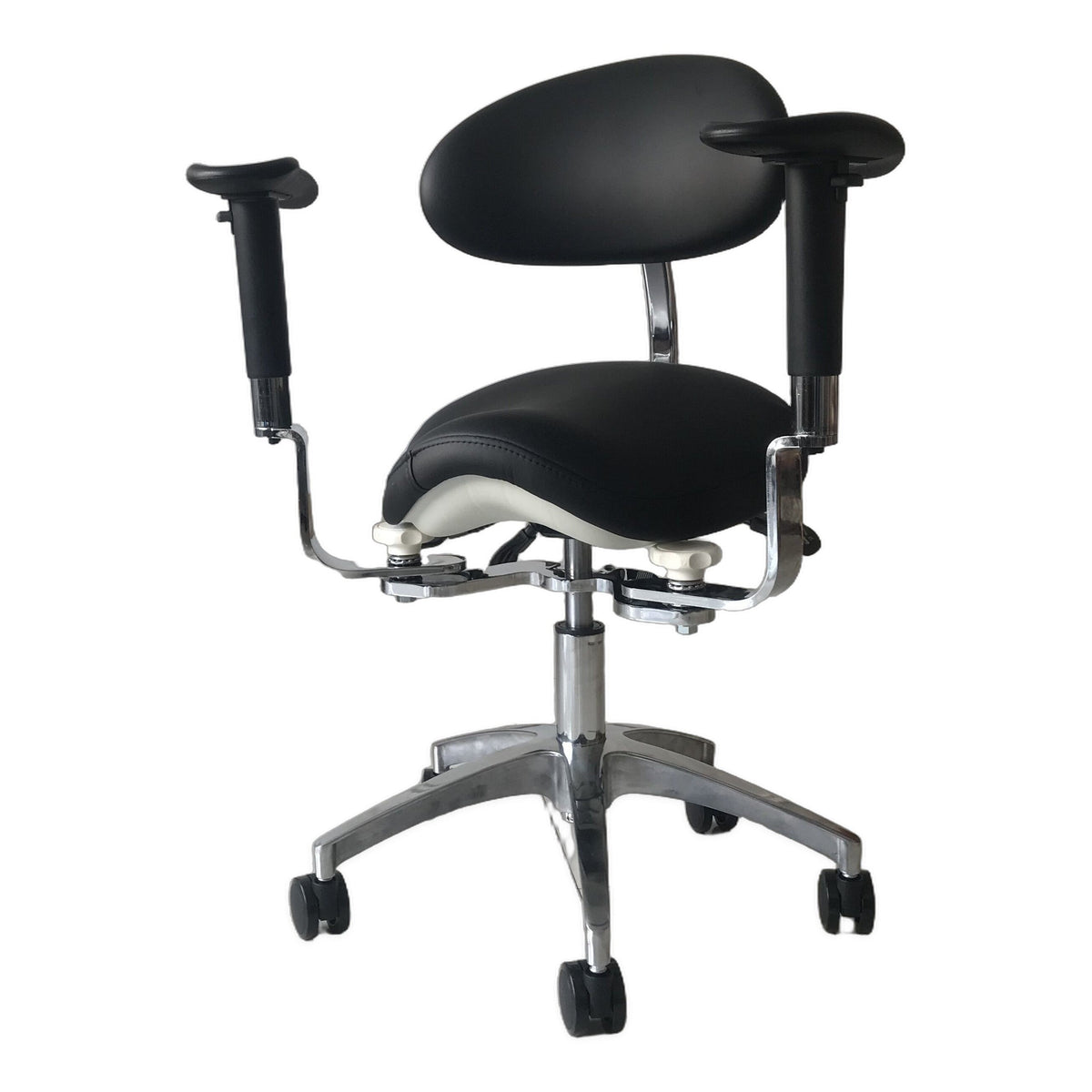 DTL-ZY-38 surgeon's stool in black upholstery, three-quarter view showing the saddle seat profile, the ivory under-seat shell and the chrome castor base