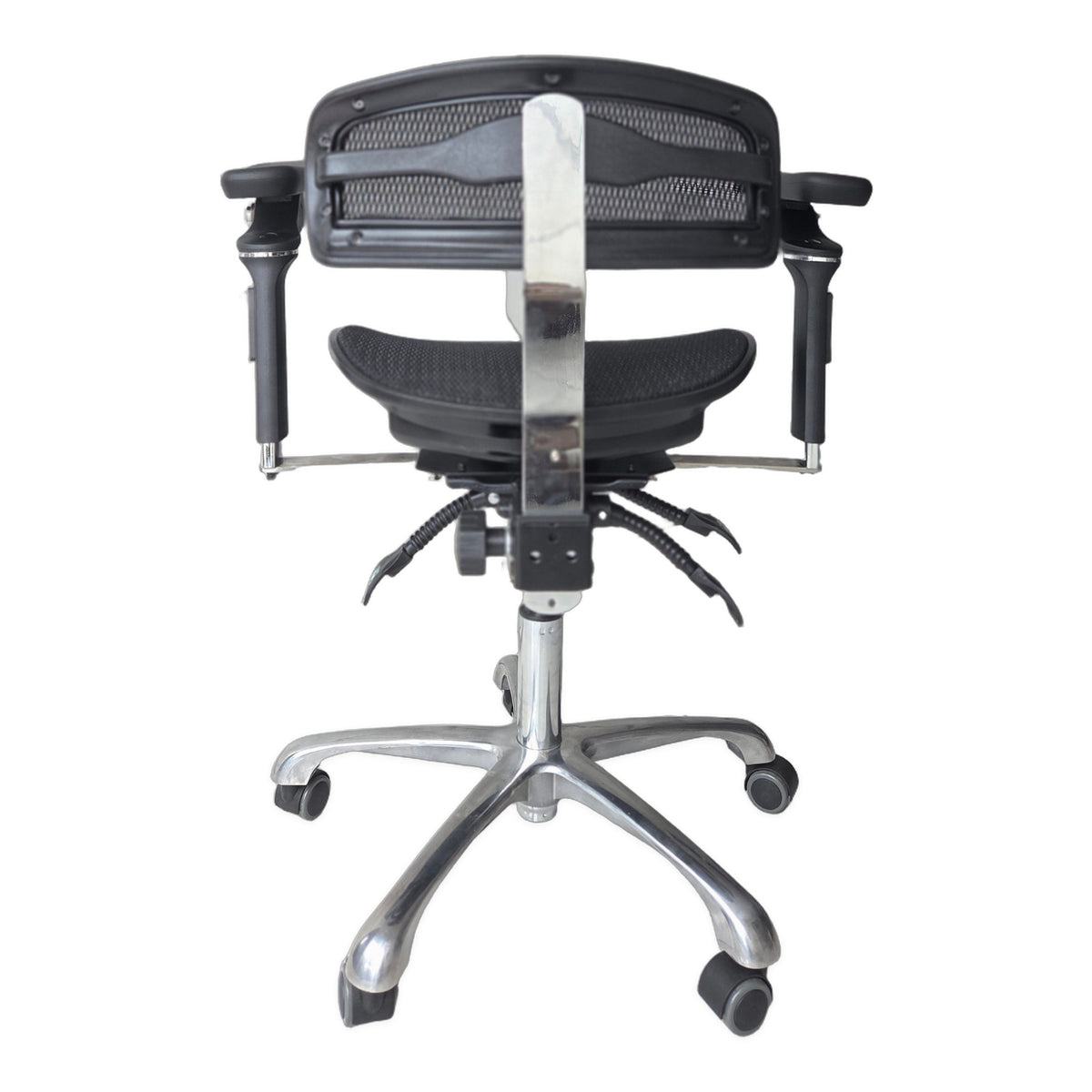 DTL-ZY-39 surgeon's stool in black, straight-on rear view showing the back of the mesh backrest, the chrome back support and the castor base
