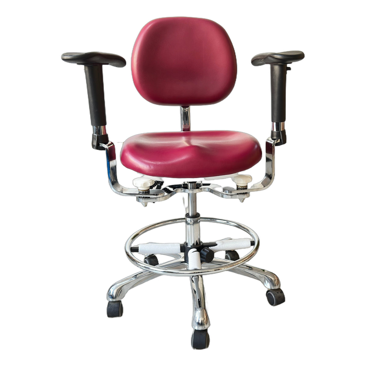 DTL-ZY-47 arched backrest dual-armrest surgeon's stool in burgundy upholstery, front view showing the backrest, seat, armrests and chrome foot ring