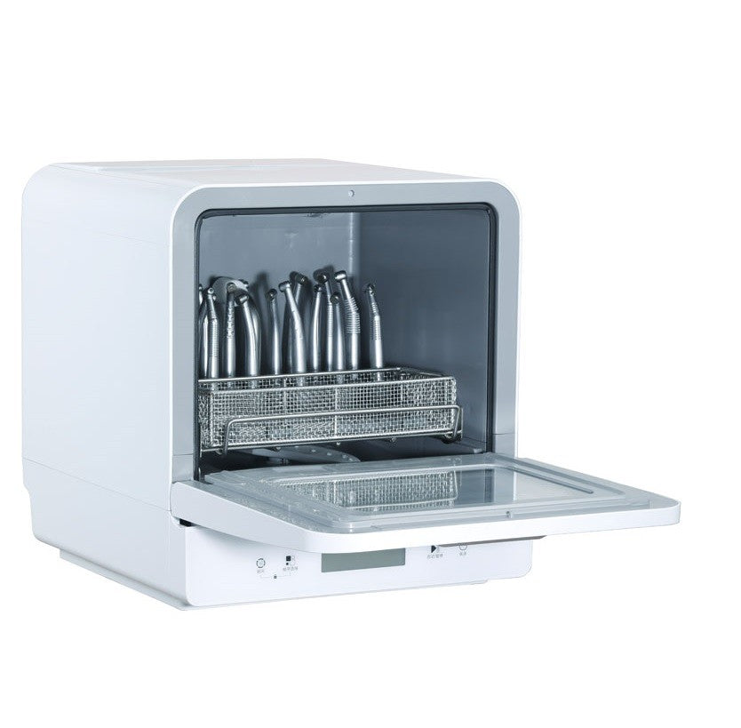 Clean-40 bench-top dental instrument washer with the door open and handpieces loaded in the rack