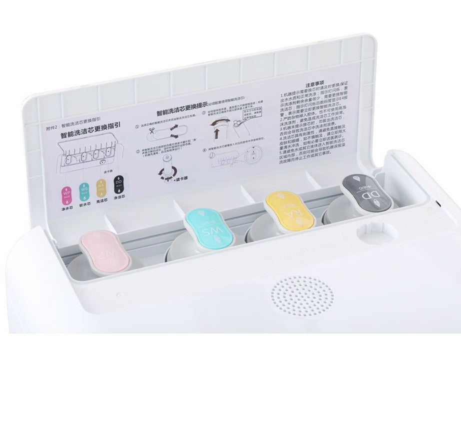 Clean-40 cleaning-core cartridge compartment with the four colour-coded cartridges and the replacement guide label