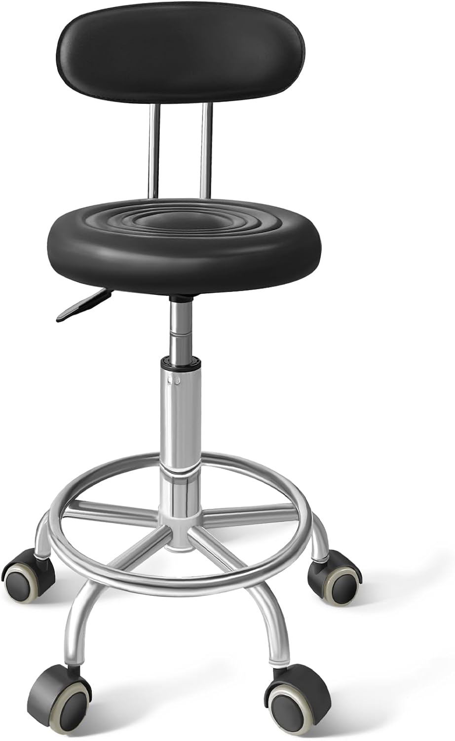 Chair with Wheels PU Leather, with Backrest, Height Adjustable, 360° Swivelling Armless Barstool with Footrest, Ideal for Pubs, Restaurants, Offices, Homes, Tattoos, Massages (Black)