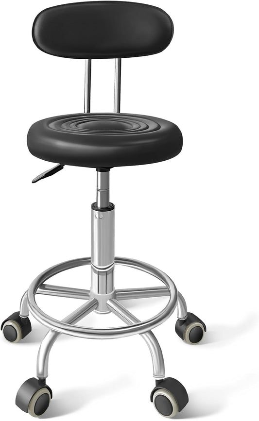 Chair with Wheels PU Leather, with Backrest, Height Adjustable, 360° Swivelling Armless Barstool with Footrest, Ideal for Pubs, Restaurants, Offices, Homes, Tattoos, Massages (Black)
