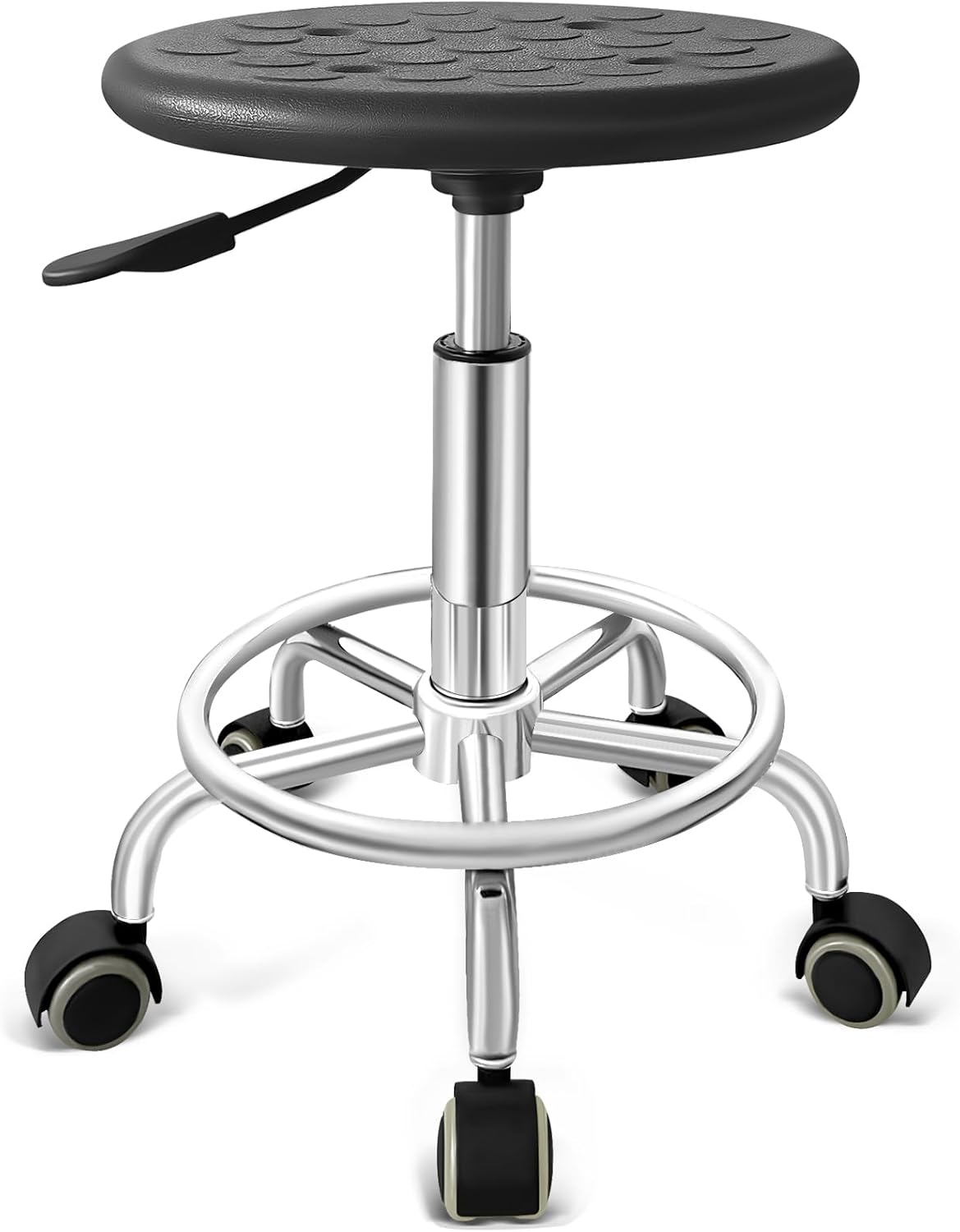 Stool with Wheels, Anti-Static Leather, Adjustable Stool with Wheels, 360° Swivelling, for Office Buildings, Laboratories, Factories and Hospitals (Black)