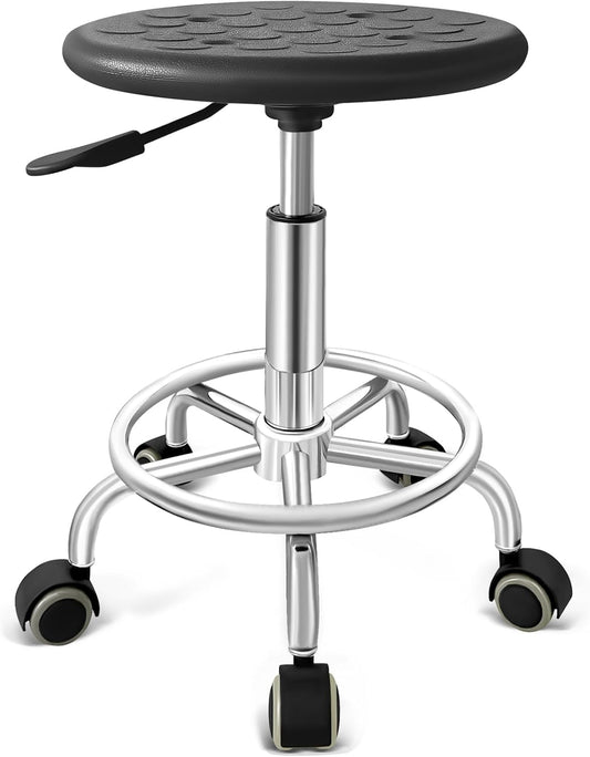 Stool with Wheels, Anti-Static Leather, Adjustable Stool with Wheels, 360° Swivelling, for Office Buildings, Laboratories, Factories and Hospitals (Black)