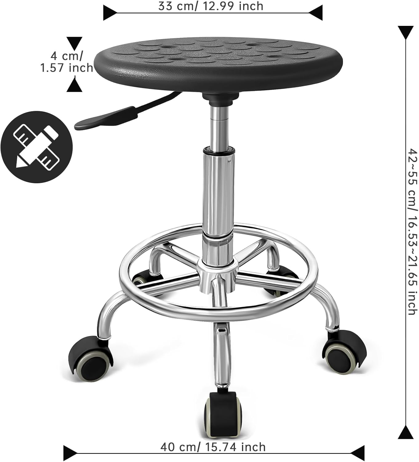 Stool with Wheels, Anti-Static Leather, Adjustable Stool with Wheels, 360° Swivelling, for Office Buildings, Laboratories, Factories and Hospitals (Black)