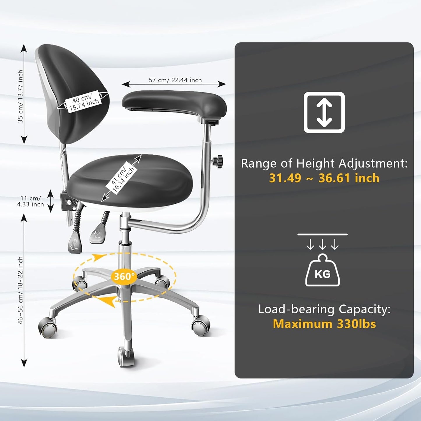 Dental Assistant Chair PU Leather with Swivel Armrests, Rolling Dental Chair, Ergonomic Swivel Dentist's Stool with Backrest for Clinics, Tattoo, Home and Laboratory - Black