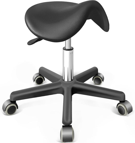 Saddle Stool with Wheels - Anti-Static Ergonomic Adjustable Rolling Stool for Salon, Spa, Office & Home - 360° Swivel Hydraulic Chair with Footrest, 330LB Capacity, Black