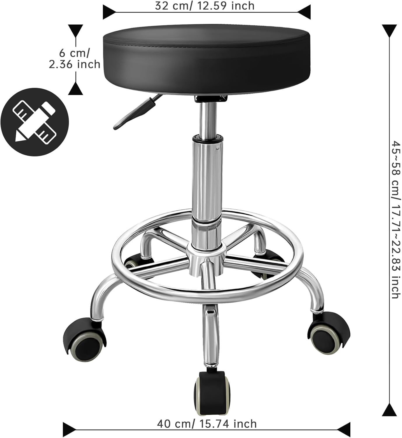 PU Leather Rolling Stool with Foot Rest Round Height Adjustment Swivel Spa Drafting Salon Tattoo Work Office Massage Vanity Stools Task Chair (Black)