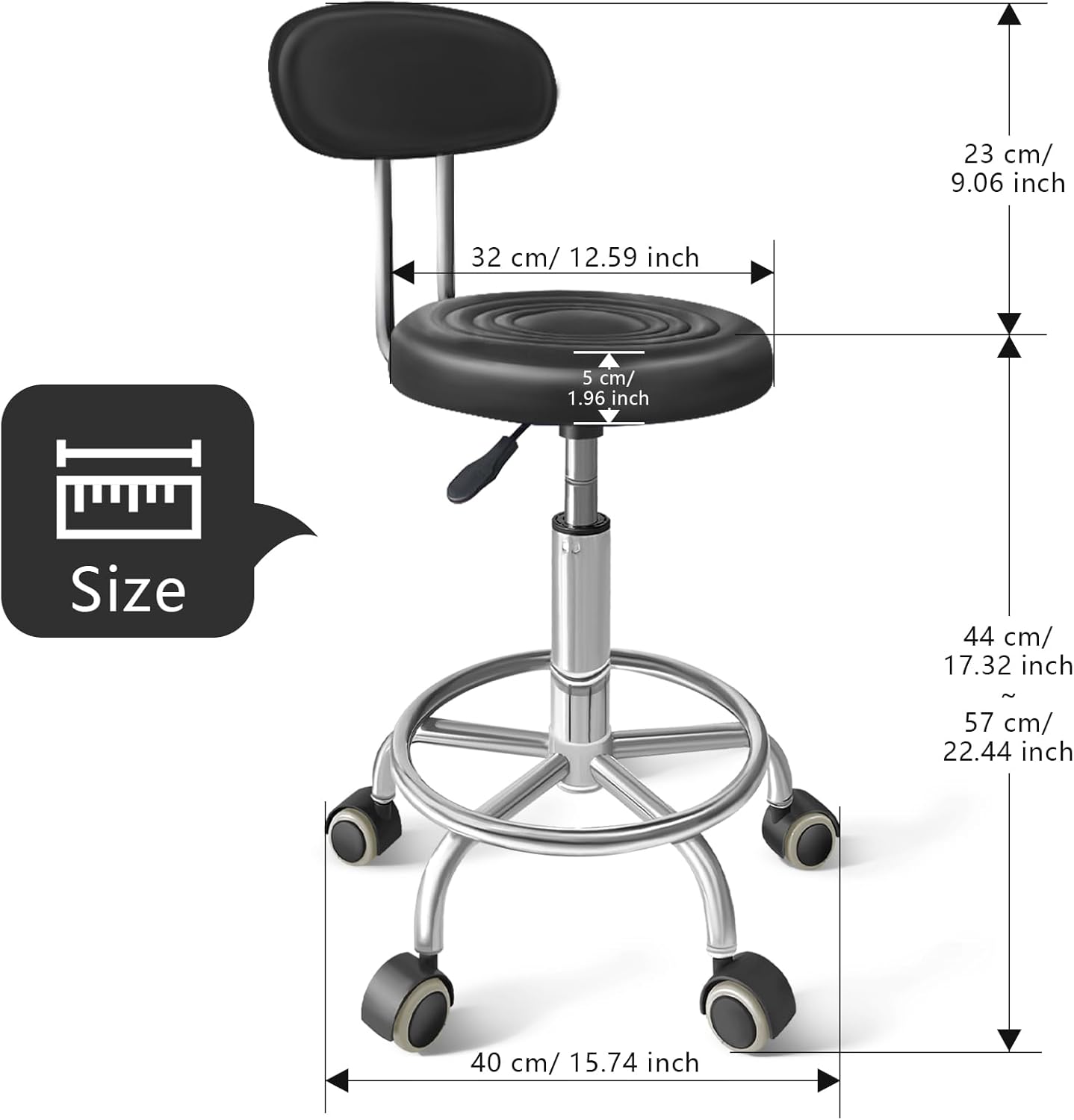 Chair with Wheels PU Leather, with Backrest, Height Adjustable, 360° Swivelling Armless Barstool with Footrest, Ideal for Pubs, Restaurants, Offices, Homes, Tattoos, Massages (Black)
